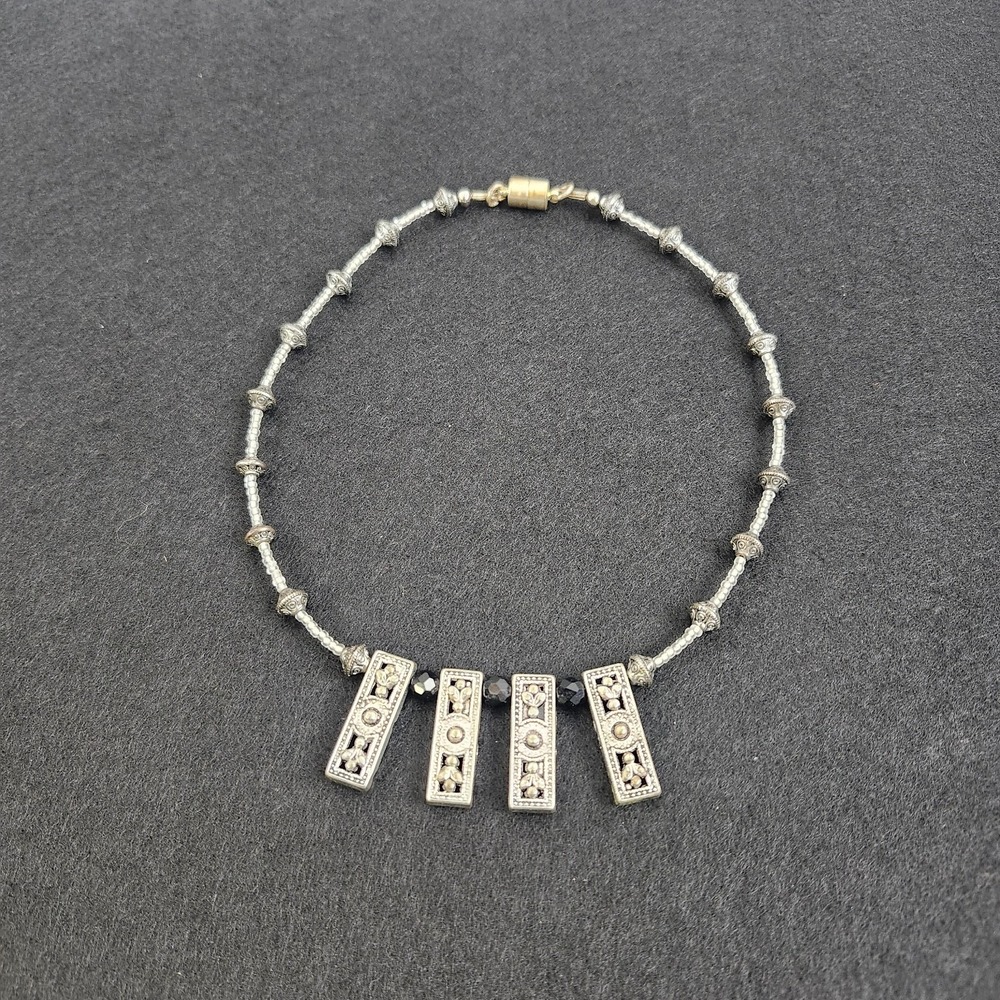Vintage Art Deco Revival Beaded Necklace Rectangle Pendants Magnet Clasp